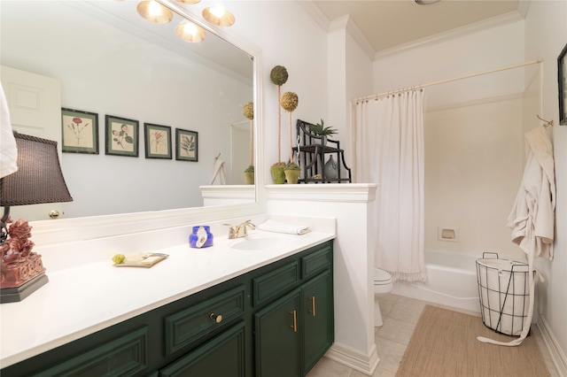 full bathroom featuring tile patterned flooring, shower / tub combo, toilet, ornamental molding, and vanity