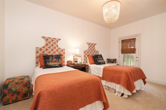 bedroom with access to outside, crown molding, and carpet flooring