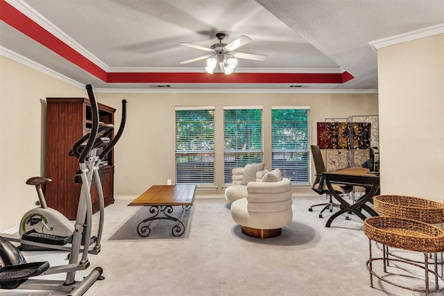 workout room featuring a raised ceiling, carpet flooring, ceiling fan, ornamental molding, and a textured ceiling