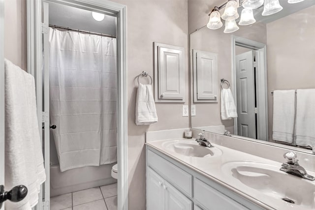 full bathroom with tile patterned flooring, vanity, toilet, and shower / tub combo with curtain