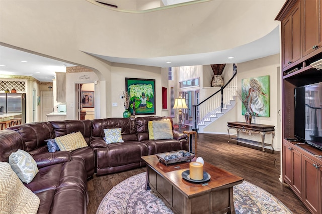 living room with dark hardwood / wood-style flooring