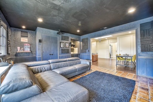 living room featuring tile patterned floors