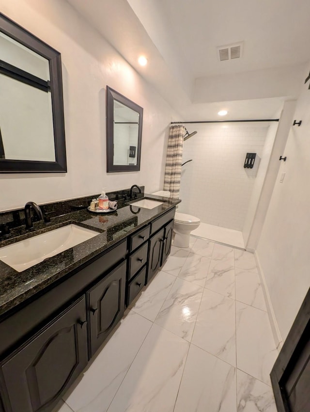 bathroom with vanity, toilet, and a shower with shower curtain