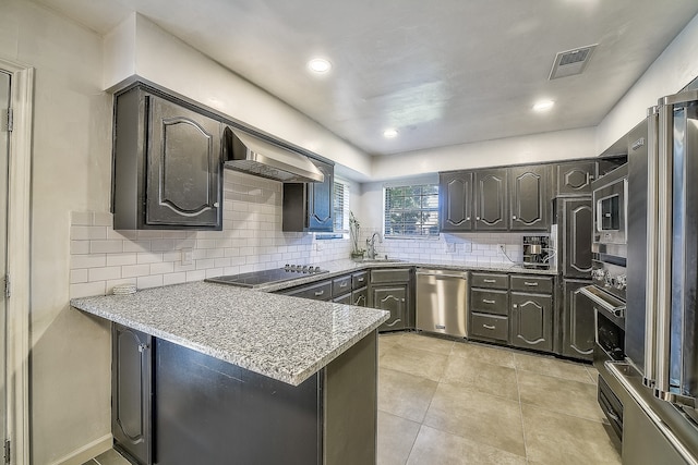 kitchen with appliances with stainless steel finishes, wall chimney range hood, sink, kitchen peninsula, and backsplash