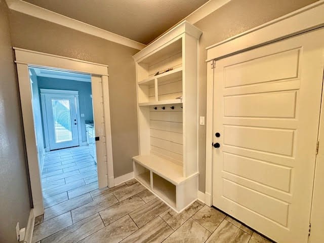 mudroom featuring crown molding