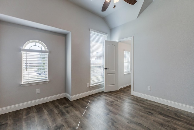 unfurnished dining area with dark wood-type flooring and ceiling fan