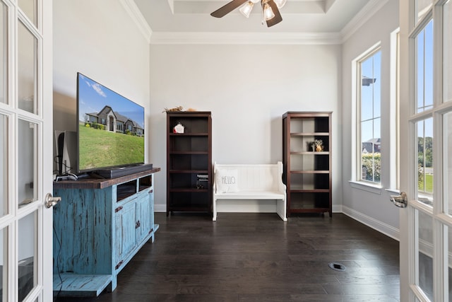 sitting room featuring french doors, dark hardwood / wood-style flooring, and ornamental molding