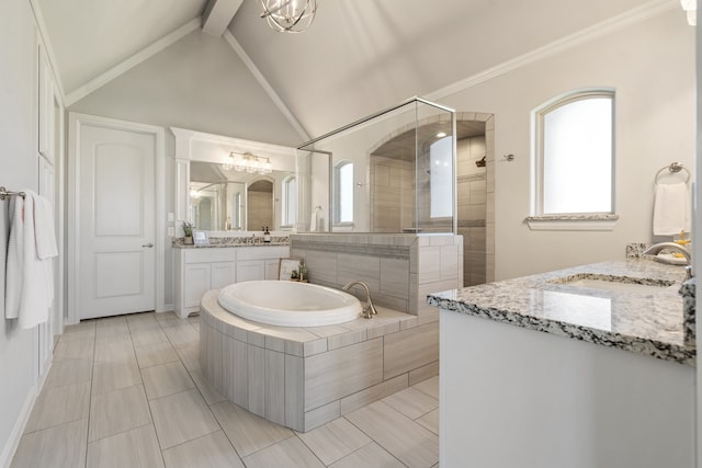 bathroom with independent shower and bath, vaulted ceiling, crown molding, and vanity