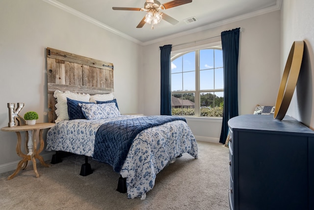 bedroom featuring light carpet, ceiling fan, and ornamental molding