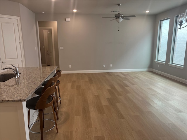 interior space with sink, ceiling fan, and light hardwood / wood-style flooring