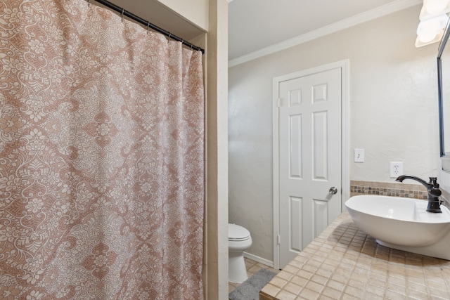 full bath with toilet, tile patterned flooring, ornamental molding, and a sink