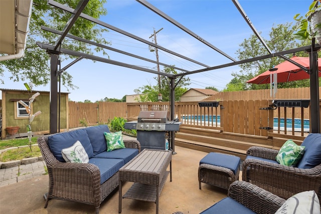 view of patio / terrace featuring a fenced backyard, an outdoor hangout area, grilling area, a fenced in pool, and a pergola