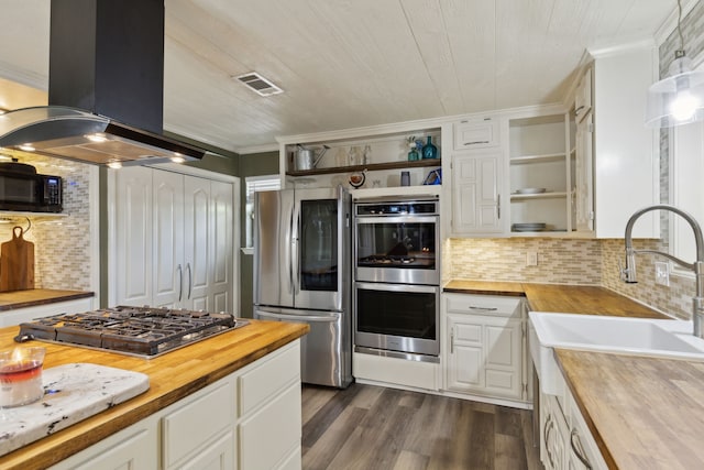 kitchen with butcher block counters, appliances with stainless steel finishes, island exhaust hood, open shelves, and a sink