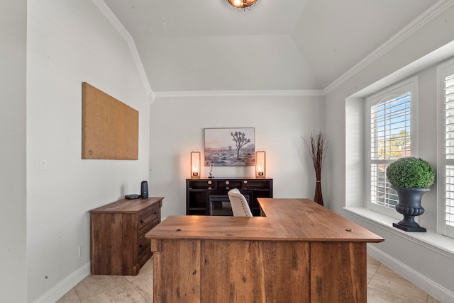 tiled home office with lofted ceiling, crown molding, and a wealth of natural light