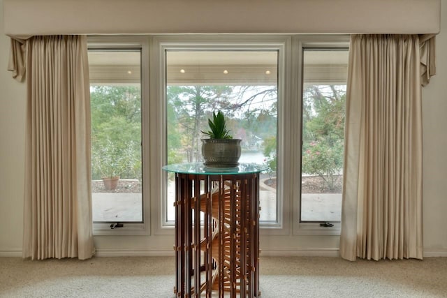 doorway to outside with a healthy amount of sunlight and light carpet