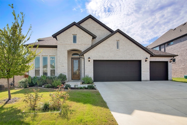 french provincial home featuring a front yard and a garage