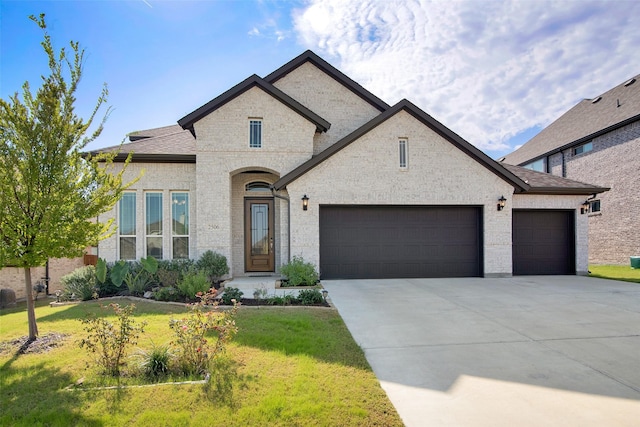 french country home with a front yard and a garage