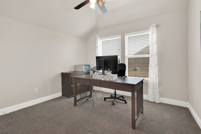 home office featuring ceiling fan, lofted ceiling, and carpet flooring