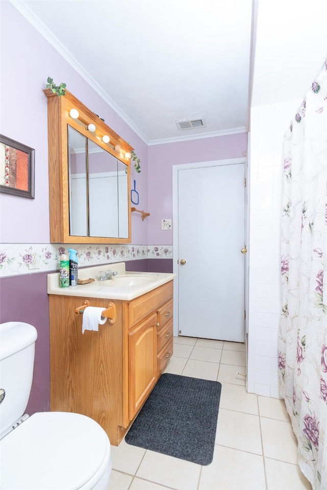 bathroom featuring tile patterned flooring, toilet, curtained shower, ornamental molding, and vanity