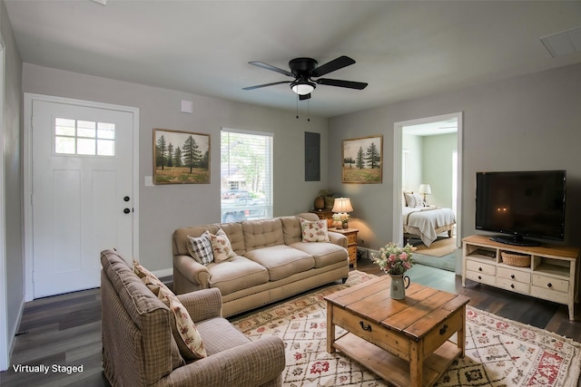 living room with ceiling fan and dark hardwood / wood-style floors