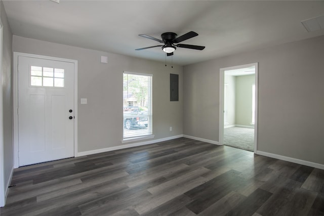 entrance foyer featuring ceiling fan, electric panel, and dark hardwood / wood-style flooring