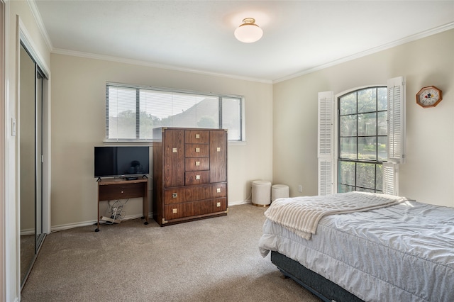 carpeted bedroom featuring a closet, crown molding, and multiple windows