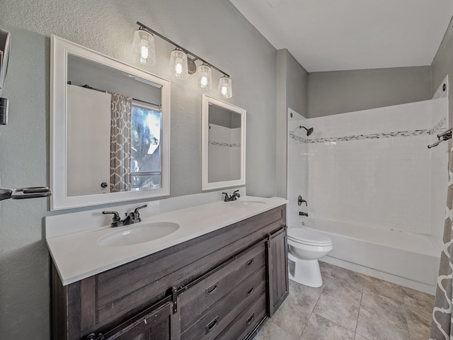 full bathroom featuring toilet, lofted ceiling, vanity, tile patterned flooring, and shower / bathtub combination