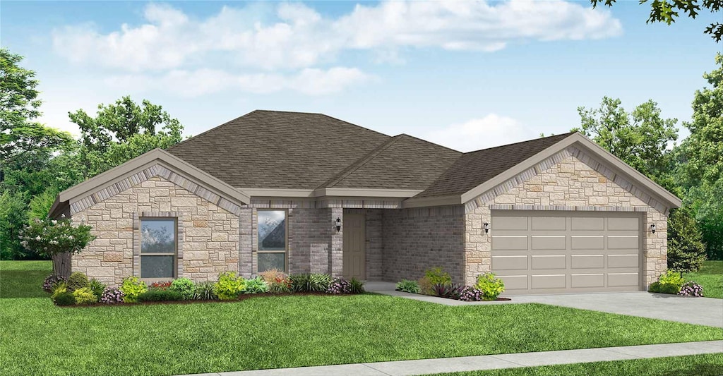 view of front facade with a garage and a front lawn