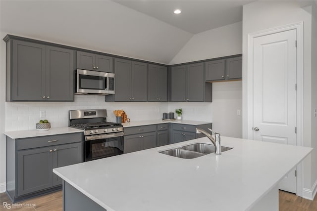 kitchen with a center island with sink, lofted ceiling, sink, and appliances with stainless steel finishes