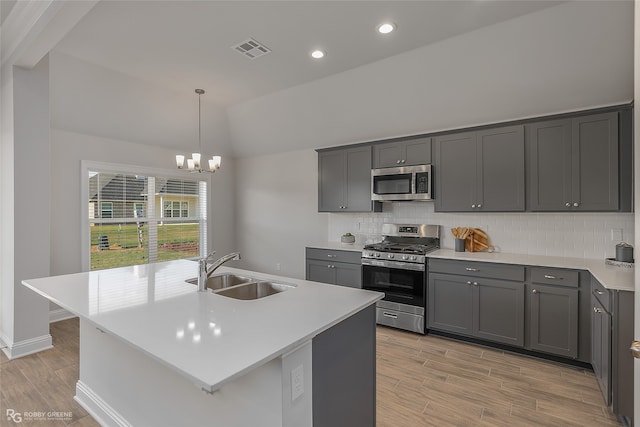 kitchen with a kitchen island with sink, sink, and appliances with stainless steel finishes