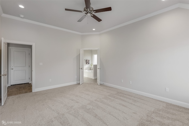 unfurnished bedroom with ceiling fan, light carpet, and ornamental molding