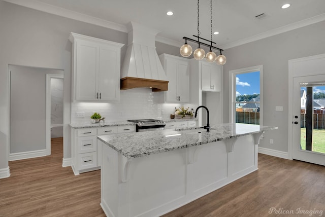 kitchen with white cabinetry, a kitchen island with sink, sink, and custom range hood