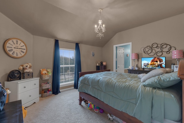 carpeted bedroom featuring lofted ceiling and a chandelier