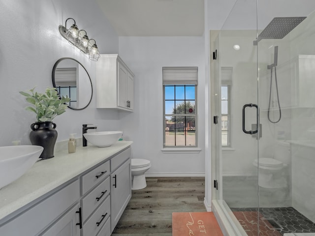 bathroom featuring hardwood / wood-style floors, vanity, toilet, and an enclosed shower