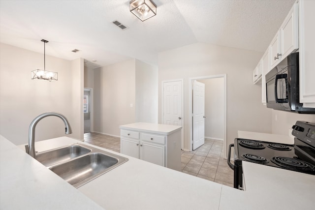 kitchen with decorative light fixtures, sink, lofted ceiling, electric stove, and white cabinetry