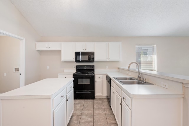 kitchen with white cabinets, a textured ceiling, sink, and black appliances