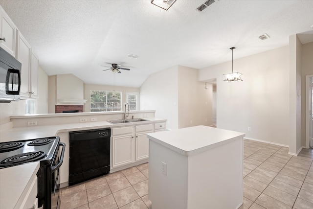 kitchen with a kitchen island, sink, lofted ceiling, white cabinets, and black appliances