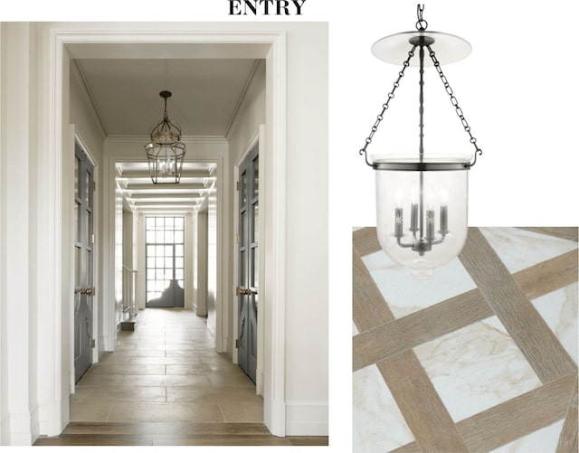 hallway with a notable chandelier, ornamental molding, and hardwood / wood-style flooring