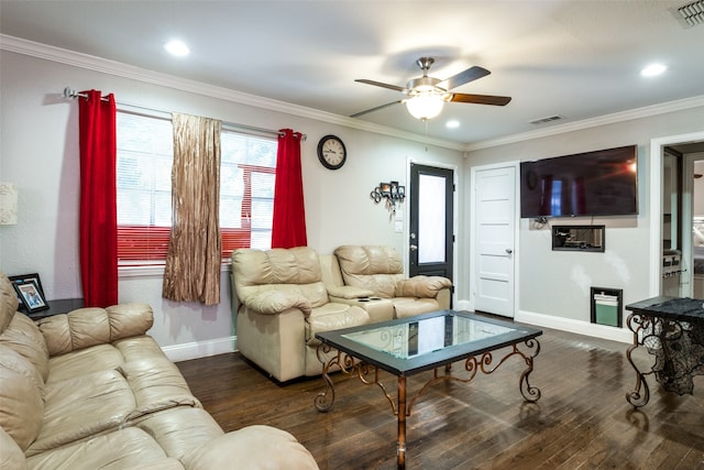 living room featuring dark hardwood / wood-style floors, ornamental molding, and ceiling fan