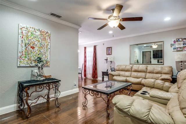 living room featuring ornamental molding, ceiling fan, and dark hardwood / wood-style flooring