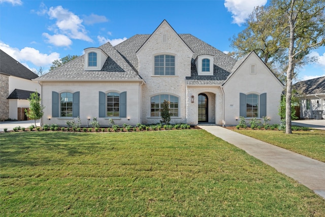 french country inspired facade with a front yard