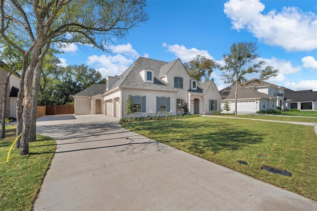 french country home featuring a front yard and a garage