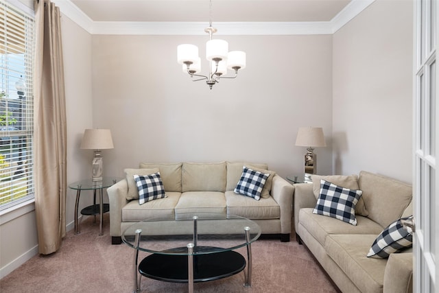 living room featuring a healthy amount of sunlight, a notable chandelier, crown molding, and carpet flooring