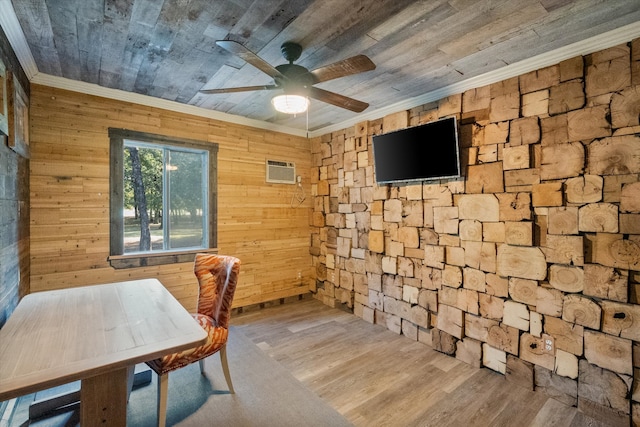 home office with ornamental molding, hardwood / wood-style flooring, wooden walls, and wooden ceiling