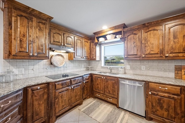 kitchen featuring sink, dishwasher, black electric stovetop, and backsplash