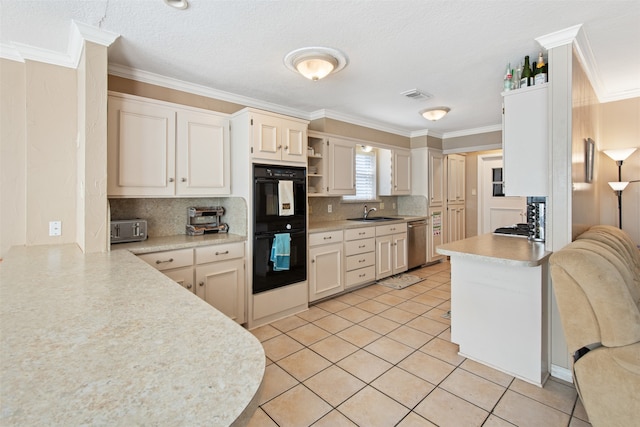 kitchen featuring dishwasher, kitchen peninsula, crown molding, and double oven