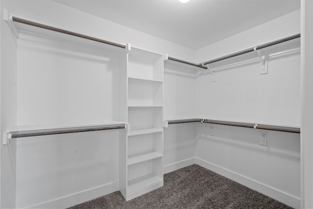 walk in closet featuring dark carpet