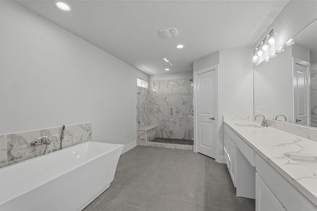 bathroom with vanity, plus walk in shower, and tile patterned floors