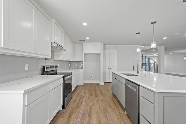 kitchen featuring white cabinetry, appliances with stainless steel finishes, sink, and hanging light fixtures