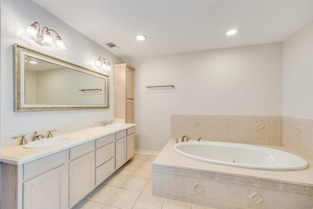 bathroom featuring tile patterned flooring, a sink, visible vents, and double vanity